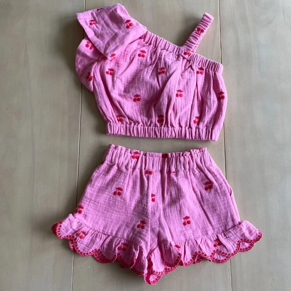 Finding Foxtale Girl's Pink Cherry 100% Cotton Muslin‎ Ruffle Outfit - Size 2